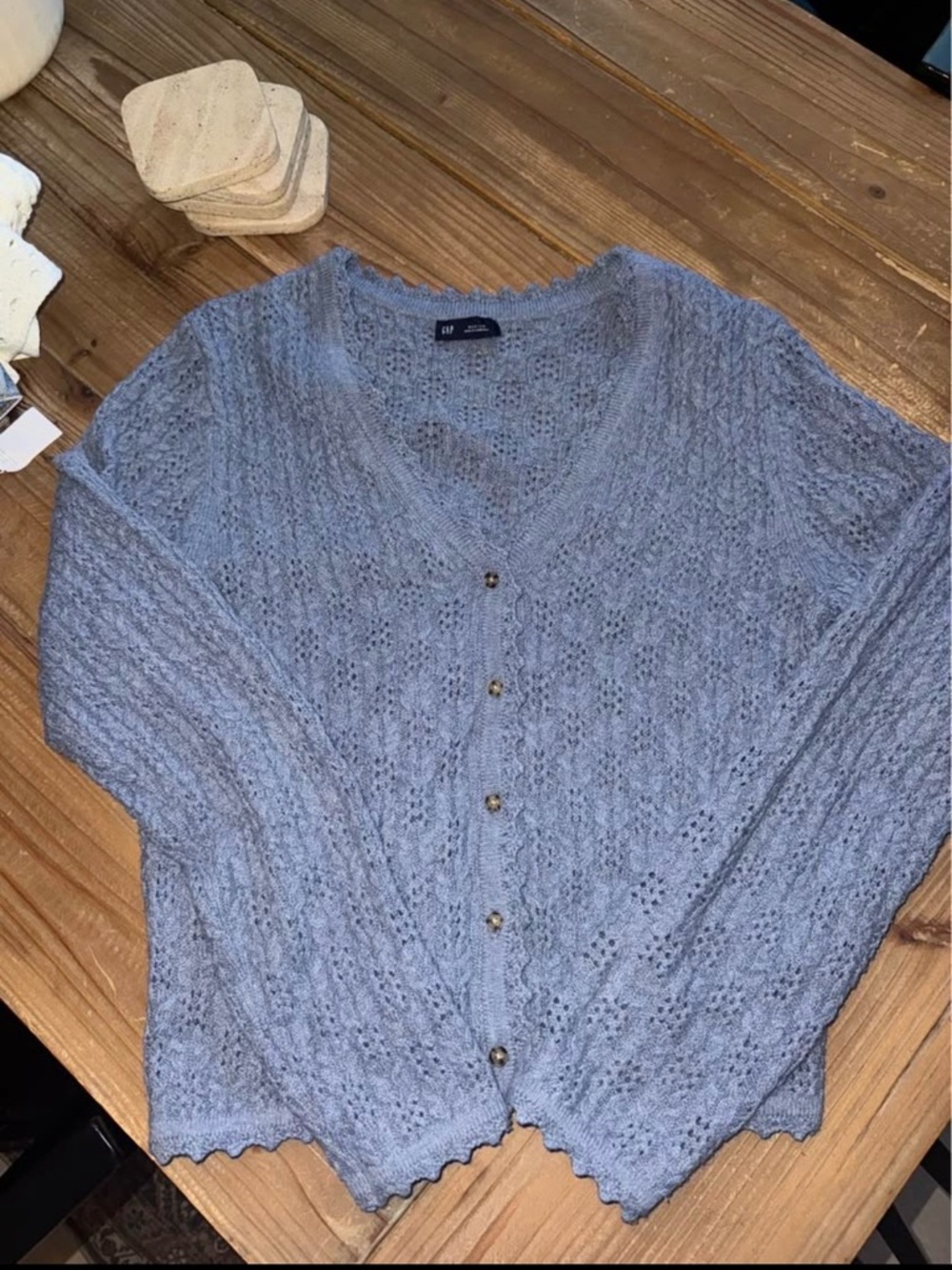 GAP Women's Pale Blue Openwork V-Neck Cardigan